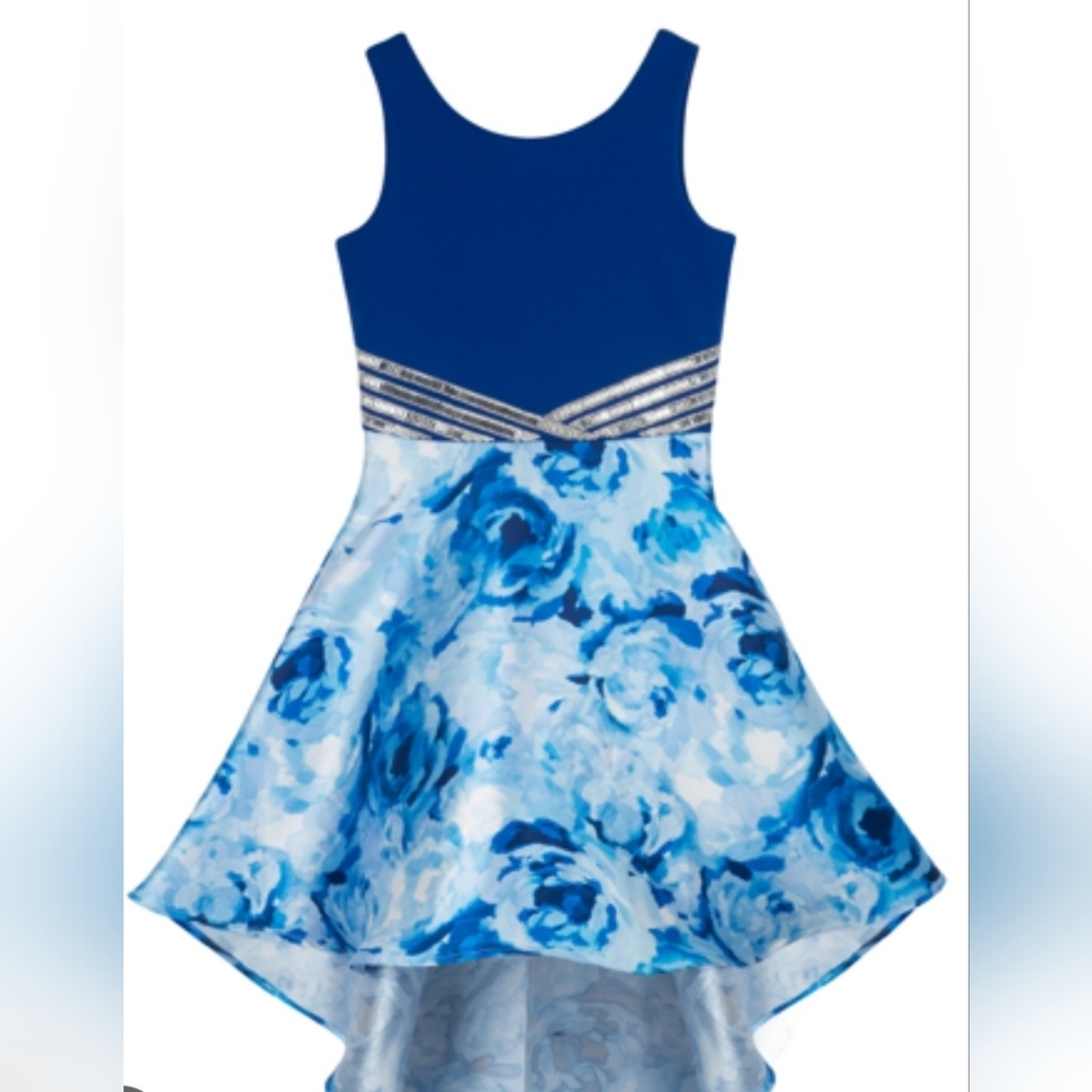 Size 7 - New Girl's Rare Editions Blue Floral High-Low Party Dress In Royal